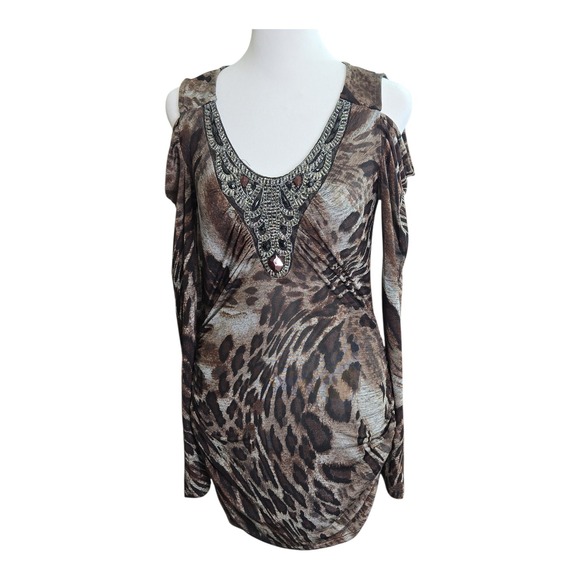 VENUS Tops - Venus Women's Leopard Print Cold Shoulder Beaded Neckline Long Sleeve Top M Glam